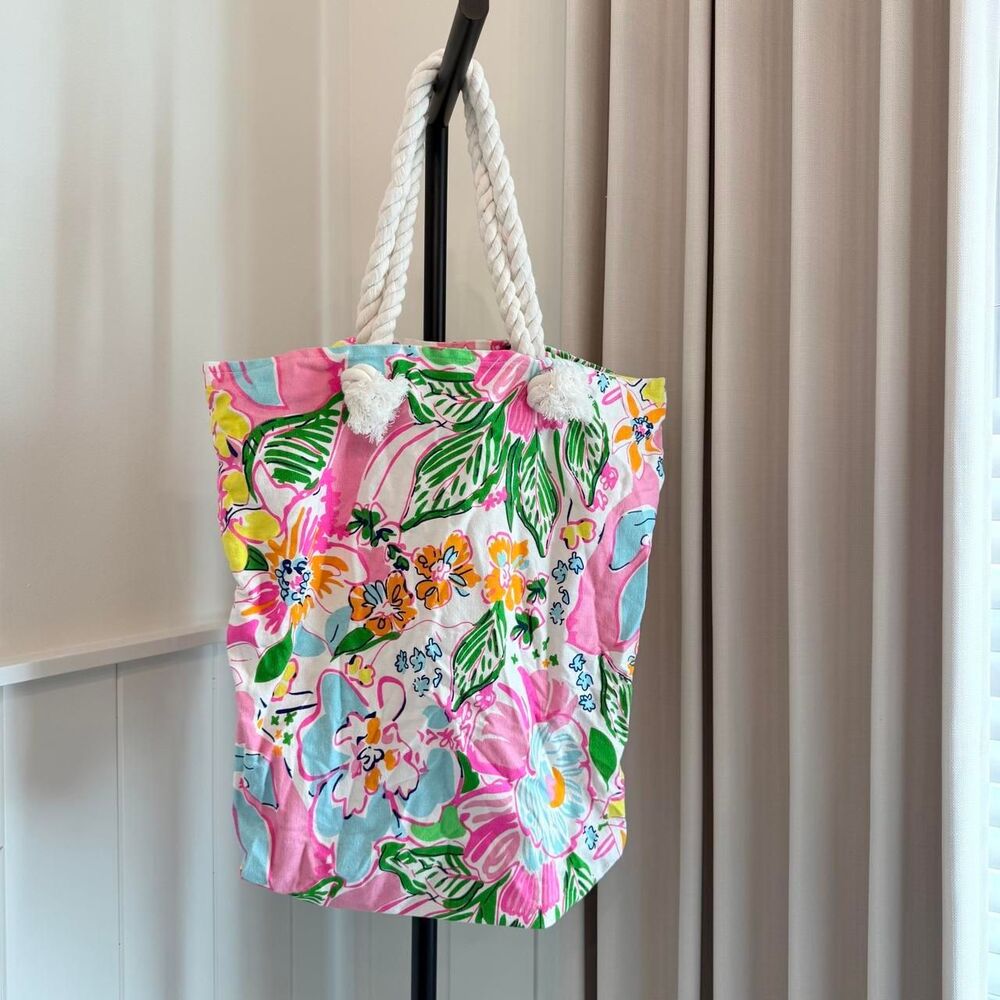Tropical Floral Canvas Beach Tote Bag Rope